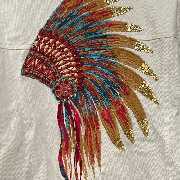 Savanna Jane Size M Denim Distressed Embroidered Sequined Indian Head Jacket - Picture 2 of 7